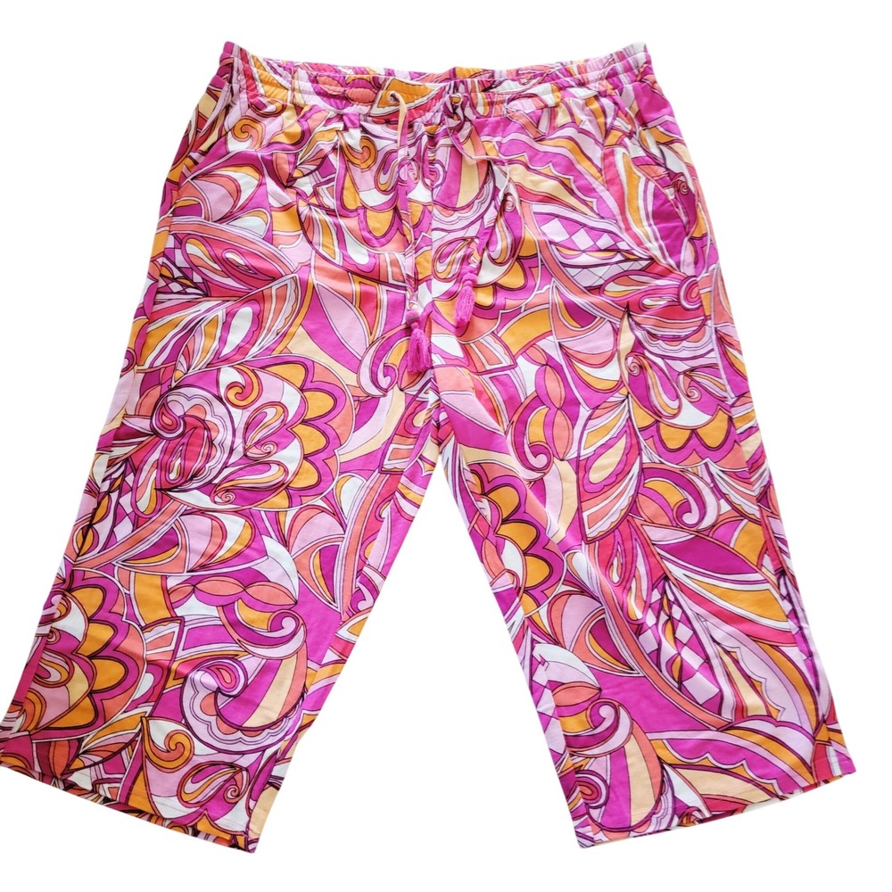 Belle Beach Kim Gravel Capri Pants‎ 1X Pink Orange Abstract Drawstring NEW